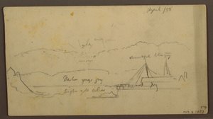 Dessin, Coucher de soleil sur la rive avec un bateau, 1858 - Frederic Edwin Church