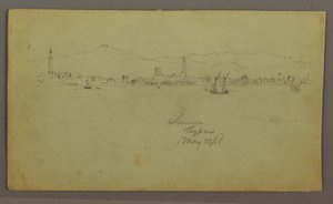 Dessin, ville sur la côte, chaîne de montagnes derrière, 27 mai 1868 - Frederic Edwin Church