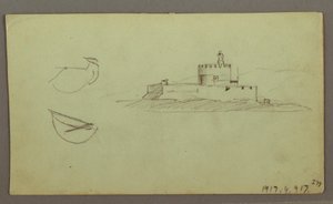Dessin, ville sur la côte, chaîne de montagnes derrière, 27 mai 1868