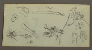 Dessin, deux personnages chevauchant des chevaux, portant des lances, une épée, la partie inférieure d