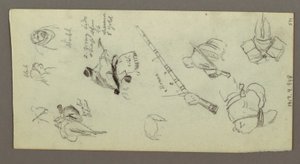 Dessin, deux personnages chevauchant des chevaux, portant des lances, une épée, la partie inférieure d