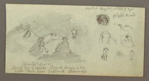 Dessin, Deux personnages et deux chameaux près d