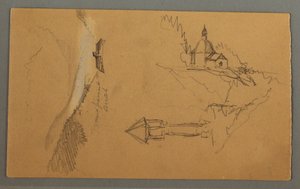 Dessin, vallée, tour, église, peut-être 1868 - Frederic Edwin Church