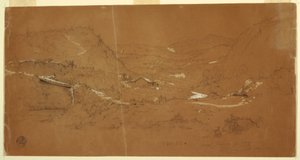 Dessin, vallée avec un pont et des maisons, près de Guaranda, Équateur, 5 juin 1857 - Frederic Edwin Church