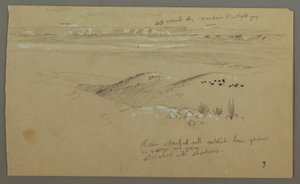 Dessin, vue sur les collines et la plaine en direction des montagnes, vallée d