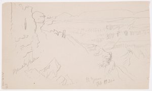 Dessin, vue sur les collines et la plaine en direction des montagnes, vallée d