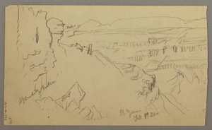 Dessin, vue sur les collines et la plaine en direction des montagnes, vallée d