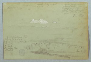 Dessin, vues du volcan Artisana depuis ou près de Quito, et d