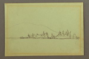 Dessin, rivage boisé, montagne, peut-être 1856