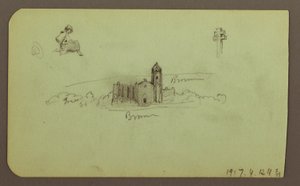 Dessin, collines, église, pont ; Verso : personnage, croix, église, 1883 - Frederic Edwin Church