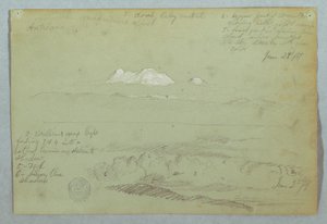 Vues du volcan Artisana depuis ou près de Quito, et un ciel nuageux sur une crête de montagne, Équateur - Frederic Edwin Church