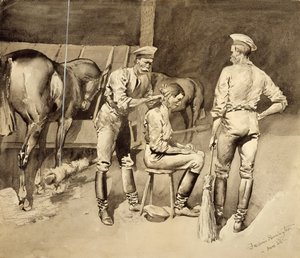 Une coupe de cheveux dans une écurie de cavalerie, c.1893 - Frederic Remington