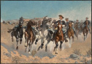 À pied : les cavaliers du quatrième régiment déplacent les chevaux tenus en main - Frederic Remington