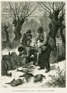 Capture des canards au filet. Gravure par Lix, pour illustrer l