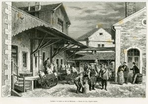 Laiterie à la Halle au lait de Mulhouse. Gravure de Lix pour illustrer le récit À travers l