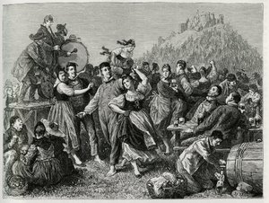 Fête des pâtres au Hohneck (Vosges), dimanche après Saint-Jean. Gravure de F.Lix, pour illustrer le récit « À travers l