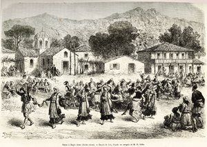 Danse folklorique sur la place du village Haggia Anna (Sainte-Anne). Gravure d