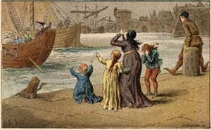 Chanson populaire : « À Nantes est arrivé ». Les enfants pleurent leur mère, emportée par un marin. Illustration (détail) de Frédéric Théodore Lix (1830-1897) dans « Chansons et rondes enfantines des provinces de la France ». - Frederic Theodore Lix