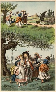 Chanson populaire : « Nous étions trois filles ». Illustration par Frédéric Théodore Lix (1830-1897) dans « Chansons et rondes enfantines des provinces de la France » - Frederic Theodore Lix