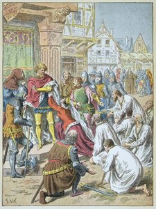 Siège de Calais par Édouard III en 1346 - 1347. La reine Philippa de Hainaut supplie son époux de gracier les bourgeois de Calais. - Frederic Theodore Lix