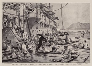 Un cuirassé britannique dans les eaux samoanes, marchands indigènes échangeant des fruits et légumes - Frederic de Haenen