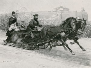 Un traîneau avec filet de soie bleue, pour empêcher la neige de pulvériser les occupants, le Kremlin en arrière-plan - Frederic de Haenen