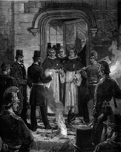 Expulsion des Dominicains de la rue de Jean de Beauvais à Paris suite aux décrets de mars 1880 pris par Jules Ferry et supprimant le droit d