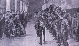 La reine Victoria inspectant les coloniaux invalides dans la salle St Georges, Windsor, illustration de Après Pretoria : La guerre de guérilla, 1902 - Frederic de Haenen