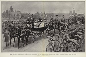 La revue des contingents coloniaux de couronnement sur la parade des Horse Guards, le carrosse de la reine passant devant la ligne - Frederic de Haenen