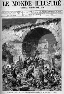 Tunisie, juillet 1881 : les troupes françaises ont pris la ville de Sfax suite à la révolte des habitants contre le protectorat français de Tunisie. Gravure de De Haenen. Dans "Le Monde Illustré" n°1270 du 30 juillet