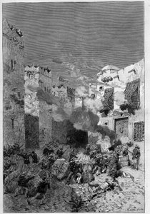 Tunisie, juillet 1881 : les troupes françaises prennent la ville de Stax suite à la révolte des habitants contre le protectorat français de Tunisie. Les fusiliers marins fument les maisons arabes situées au pied de la casbah - Gravure de De Haenen dans « L - Frederic de Haenen