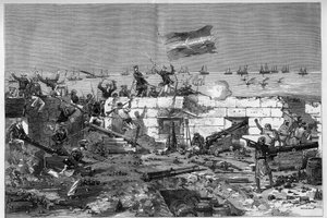 Tunisie, juillet 1881 : les troupes françaises prennent la ville de Sfax suite à la révolte des habitants contre le protectorat français de Tunisie. Les fusiliers marins prennent la batterie circulaire. Gravure de De Haenen dans « Le Monde Illustré » n°127 - Frederic de Haenen