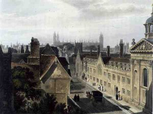 Extérieur du Pembroke College, depuis une fenêtre de Peterhouse, Cambridge, de 