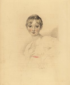 Portrait de Lucy Meredith, nièce de Sir Thomas Lawrence. Jeune fille pré-adolescente en robe blanche avec ceinture en ruban rose. Gravure colorée à la main par Frederick Christian Lewis d