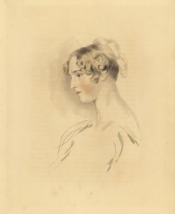 Portrait de Mary Isabella Bloxam jeune femme, nièce de Sir Thomas Lawrence. Avec ses cheveux relevés et bouclés, en robe décolletée. Gravure de Frederick Christian Lewis d