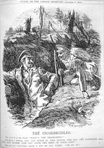 Les Incorrigibles. Nouvel arrivant au Front; "Quel est le programme?", Ancien; "Eh bien, tu te couches dans cette eau, et tu te fais poivrer toute la journée et toute la nuit, et tu passes le meilleur moment de ta vie!" Nouvel arrivant; "Ça a l