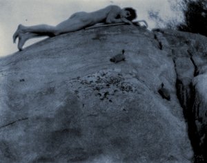 Jeune homme nu sur des rochers avec une tortue et un bâton de berger, vers 1906