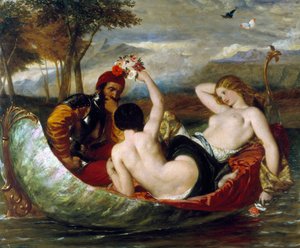 "Le bateau du plaisir" Jeunes femmes nues, probablement prostituees, avec un homme vetu d