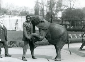 Un jeune éléphant pygmée africain se dresse sur ses pattes arrière pour embrasser son dresseur africain, tandis que le gardien regarde, Zoo de Londres, juillet 1925