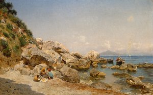 Sur la plage, Capri avec le Vésuve en arrière-plan