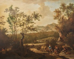 Paysage italien avec des cavaliers sur une route de campagne