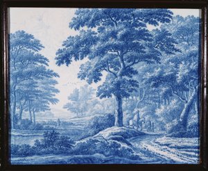 Plaque rectangulaire bleue et blanche de Delft très rare, représentant des voyageurs sur une route dans un paysage boisé - Frederik van Frijtom