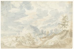 Paysage montagneux avec vue sur une vallée (du Danube ?) et un clocher