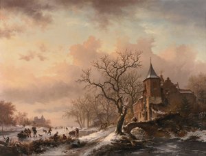 Château dans un paysage hivernal et patineurs sur une rivière gelée - Fredrik Marinus Kruseman