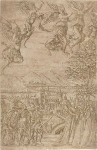 Un roi et sa suite confrontant des dames sous une bataille céleste - French 17th Century