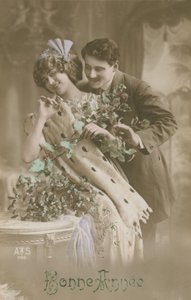 Carte de vœux de Bonne Année avec couple romantique tenant du gui - French Photographer