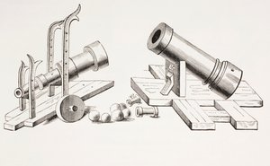 Canons du XVe siècle, avec affût fixe (à droite) et affût roulant (à gauche) de Les Arts au Moyen Âge, publié en 1873 - French School