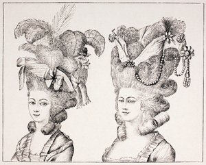 Filles françaises du XVIIIe siècle portant des coiffures et des chapeaux extravagants, 1875 - French School