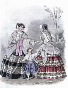 2 femmes à la mode avec une fille en promenade - dans « Journal des Demoiselles » 1852 - French School
