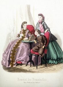 2 femmes et un garçon : Mode - dans « Magazine des damoiselles », décembre 1864 - French School